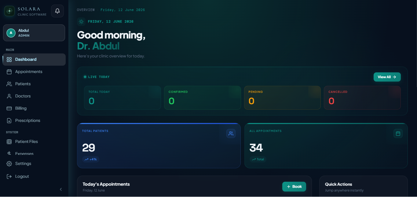 Solara clinic management dashboard — billing, appointments, prescriptions