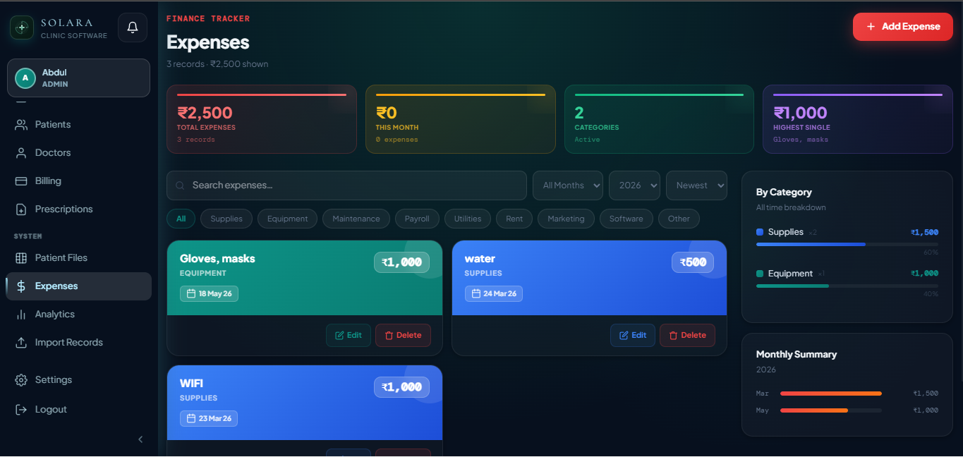 Solara clinic expense tracker